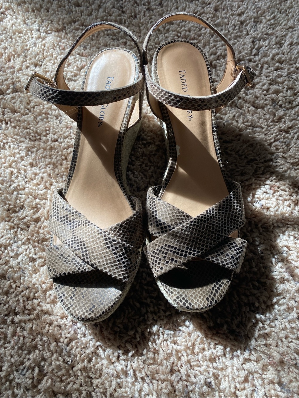 Faded Glory Snake-Print Taupe Ankle-Strap Wedge Sandals